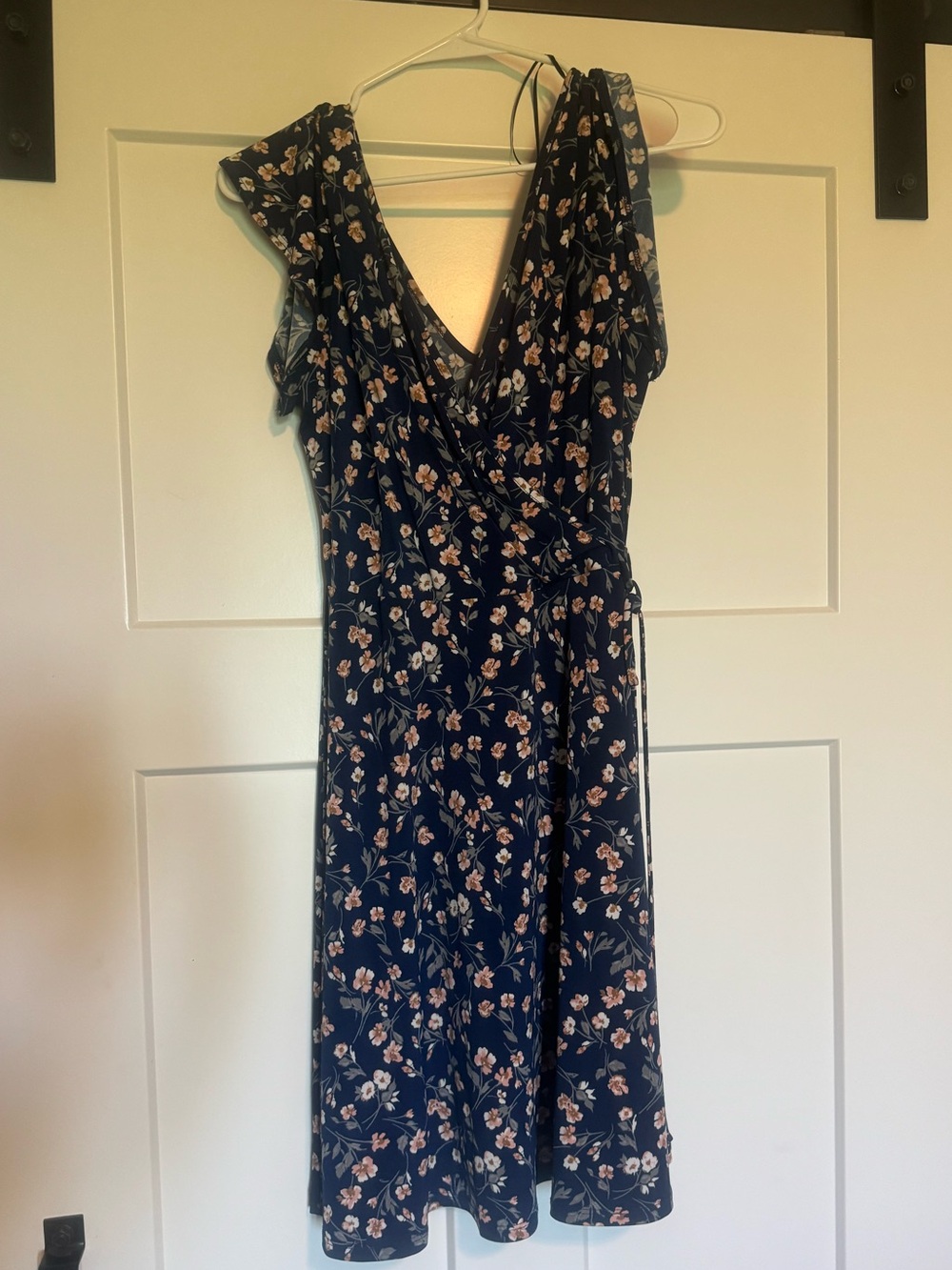 Kaileigh Navy Midi Wrap Dress with Pink Floral Print
